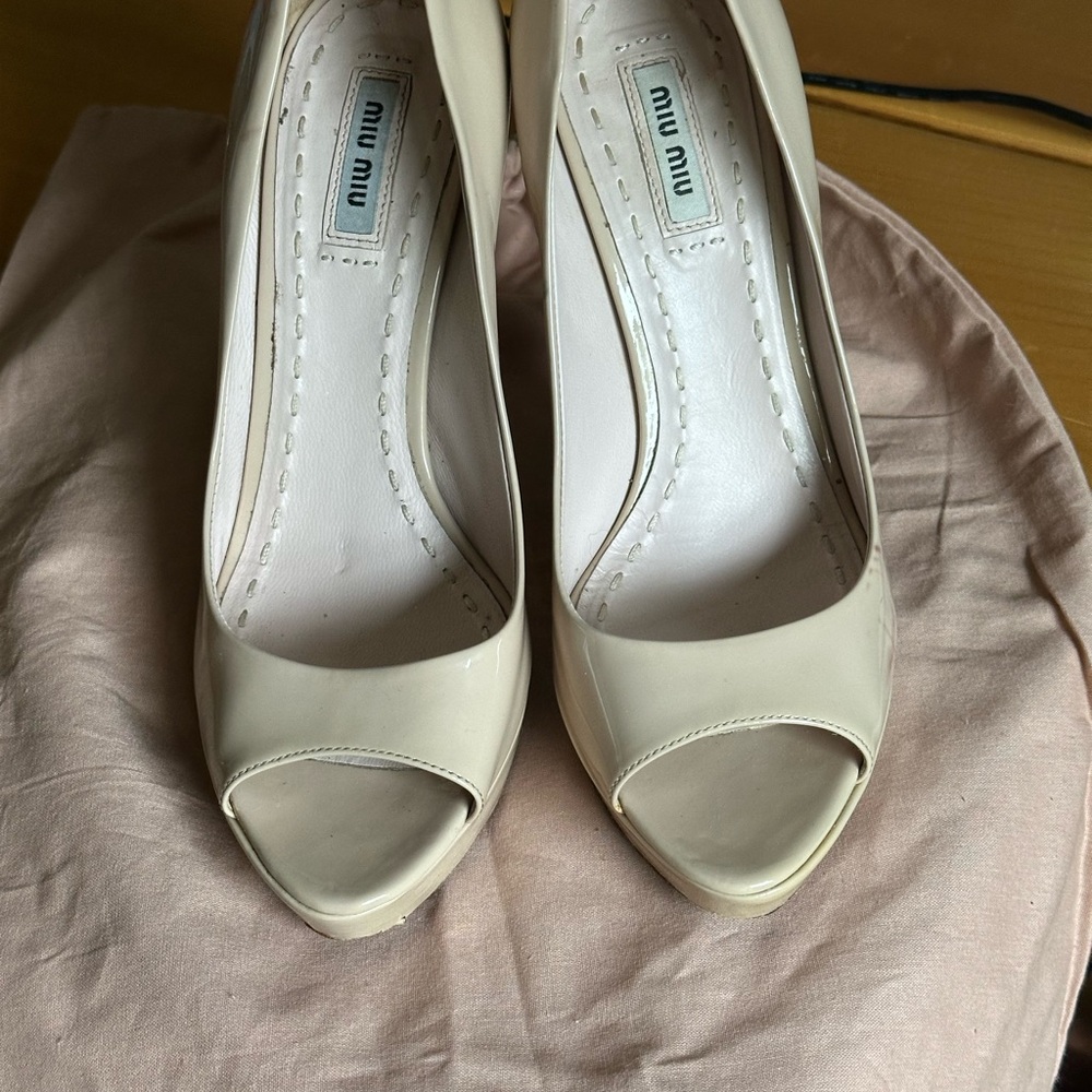 Miu Miu Cream Peep-Toe Heels with Glossy Finish